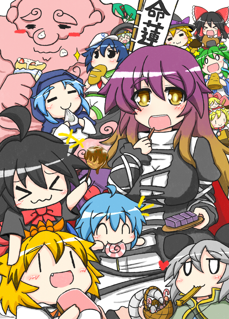 hatsune miku, hakurei reimu, kirisame marisa, kochiya sanae, komeiji koishi, and 10 more (touhou and 1 more) drawn by rindou_(p41neko)