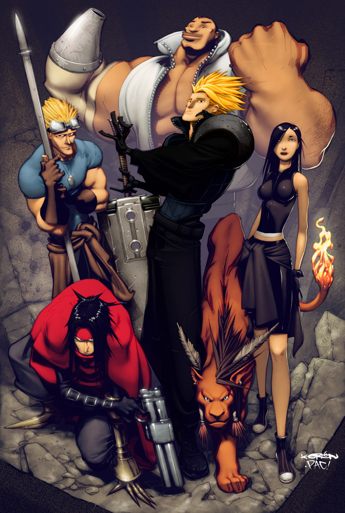tifa lockhart, cloud strife, vincent valentine, barret wallace, red xiii, and 1 more (final fantasy and 2 more) drawn by francisco_perez and keron_grant
