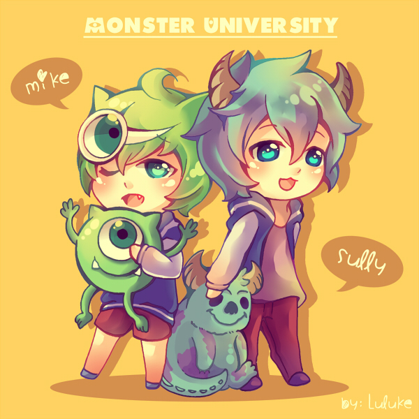 mike wazowski and james p. sullivan (monsters inc.) drawn by luluke