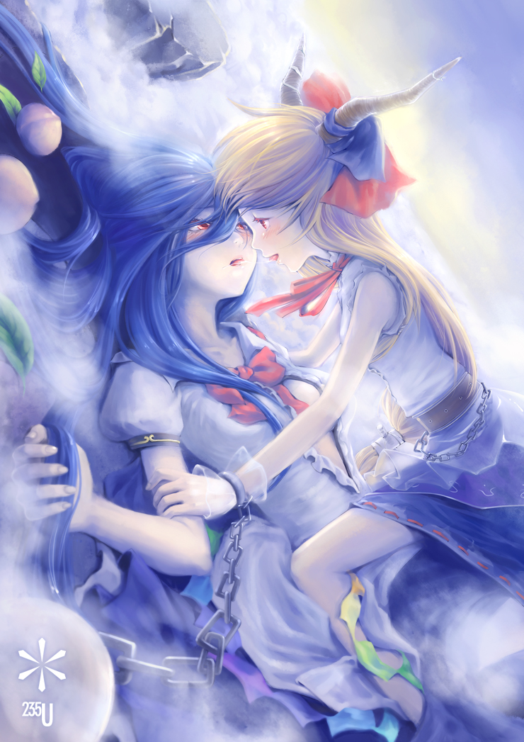 hinanawi tenshi and ibuki suika (touhou) drawn by kieta