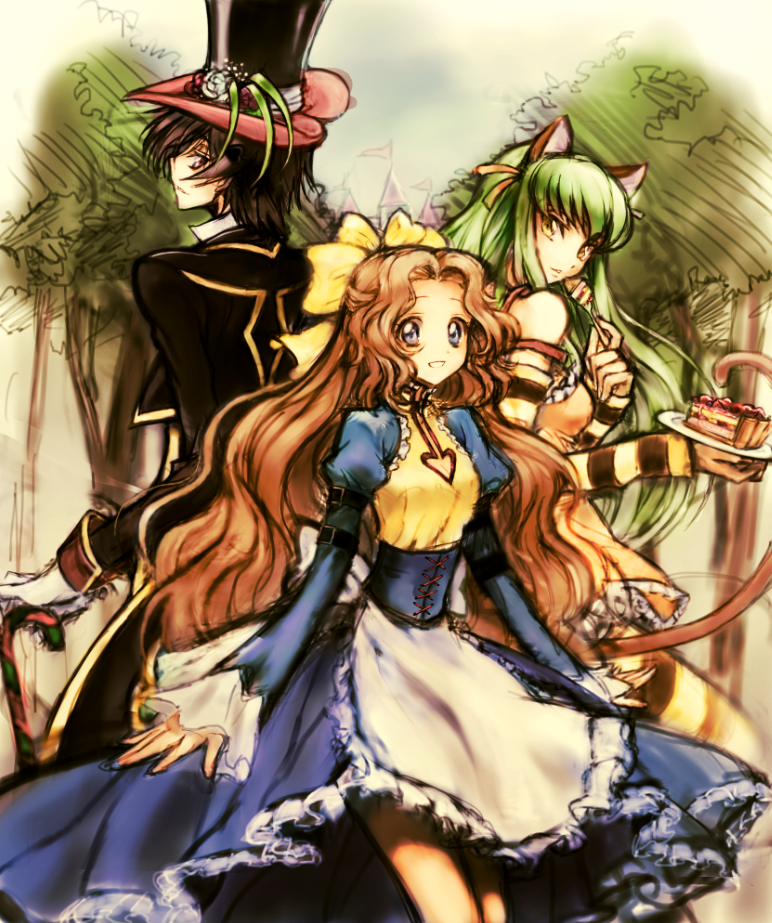 c.c., alice, lelouch vi britannia, cheshire cat, nunnally vi britannia, and 1 more (code geass and 1 more) drawn by c_(rahit)