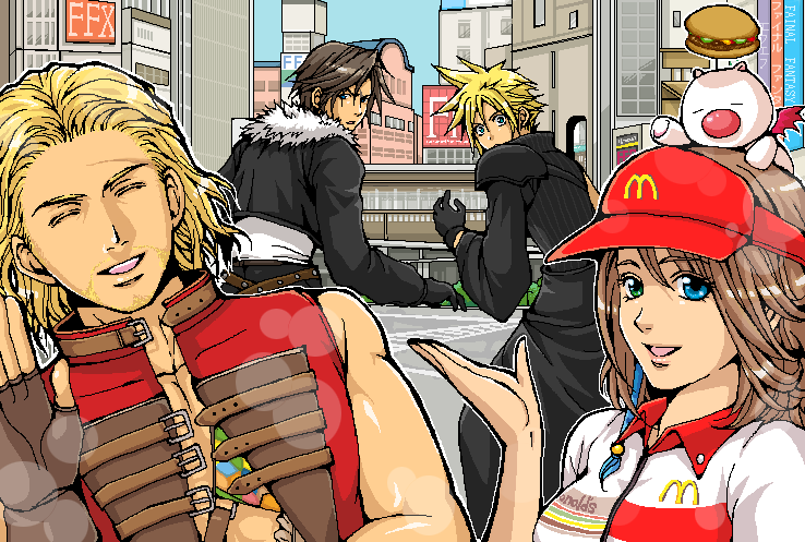 cloud strife, moogle, squall leonhart, yuna, and basch fon ronsenburg (final fantasy and 6 more) drawn by popochan-f