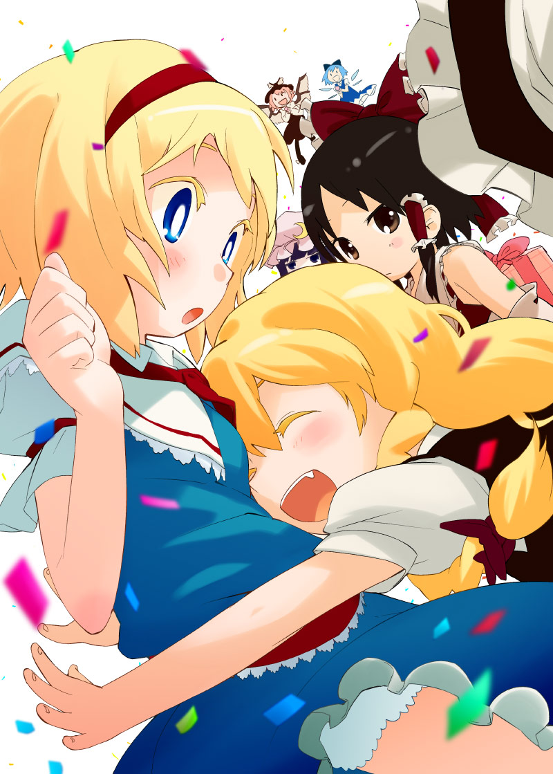 hakurei reimu, kirisame marisa, alice margatroid, cirno, patchouli knowledge, and 1 more (touhou) drawn by mizu_asato
