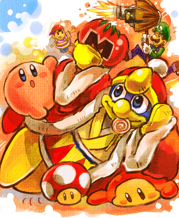 kirby, luigi, waddle dee, ness, and king dedede (mario and 4 more) drawn by mikami
