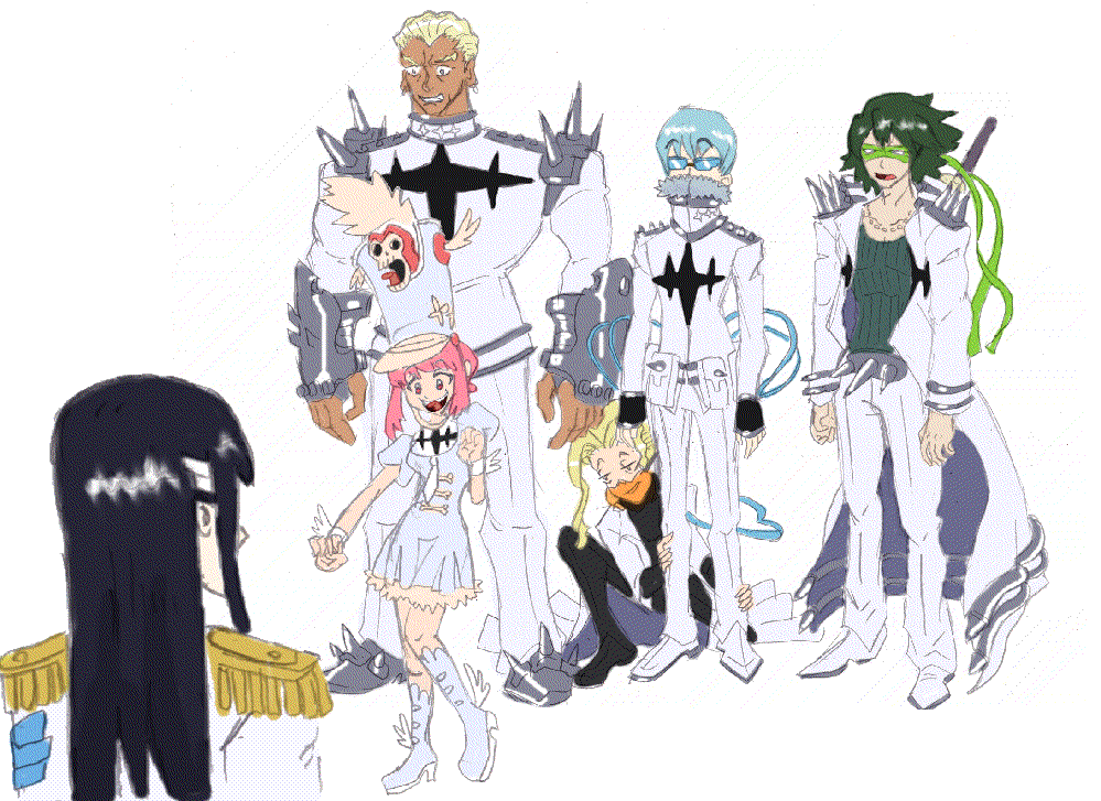 kiryuuin satsuki, junketsu, jakuzure nonon, gamagoori ira, sanageyama uzu, and 2 more (kill la kill and 1 more)