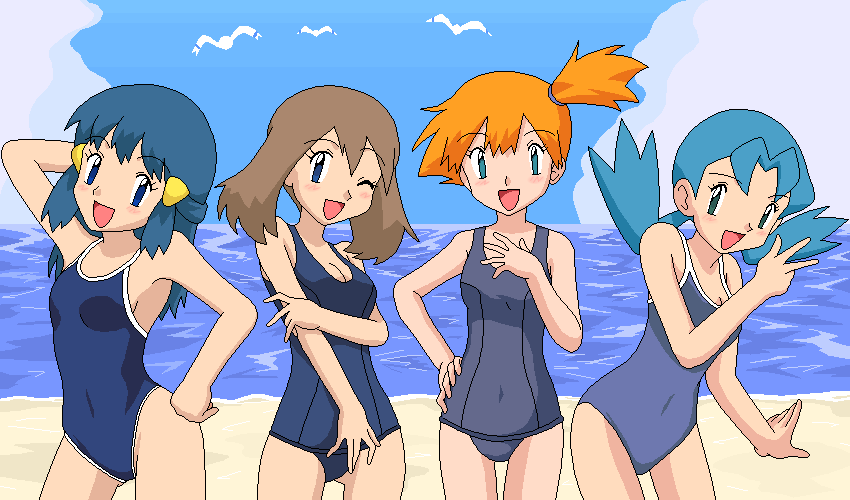 dawn, may, misty, and marina (pokemon) drawn by kuro_hopper