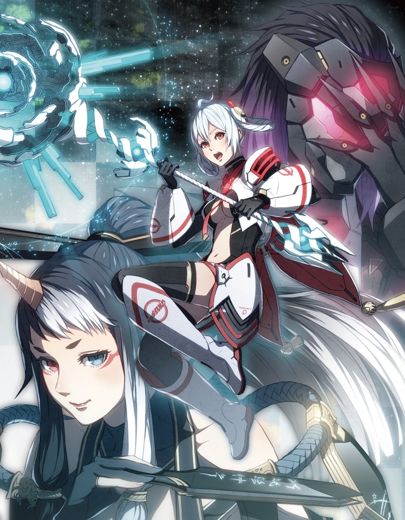 matoi, edea cluster, sukunahime, and dark falz persona (phantasy star and 1 more) drawn by akikazu_mizuno