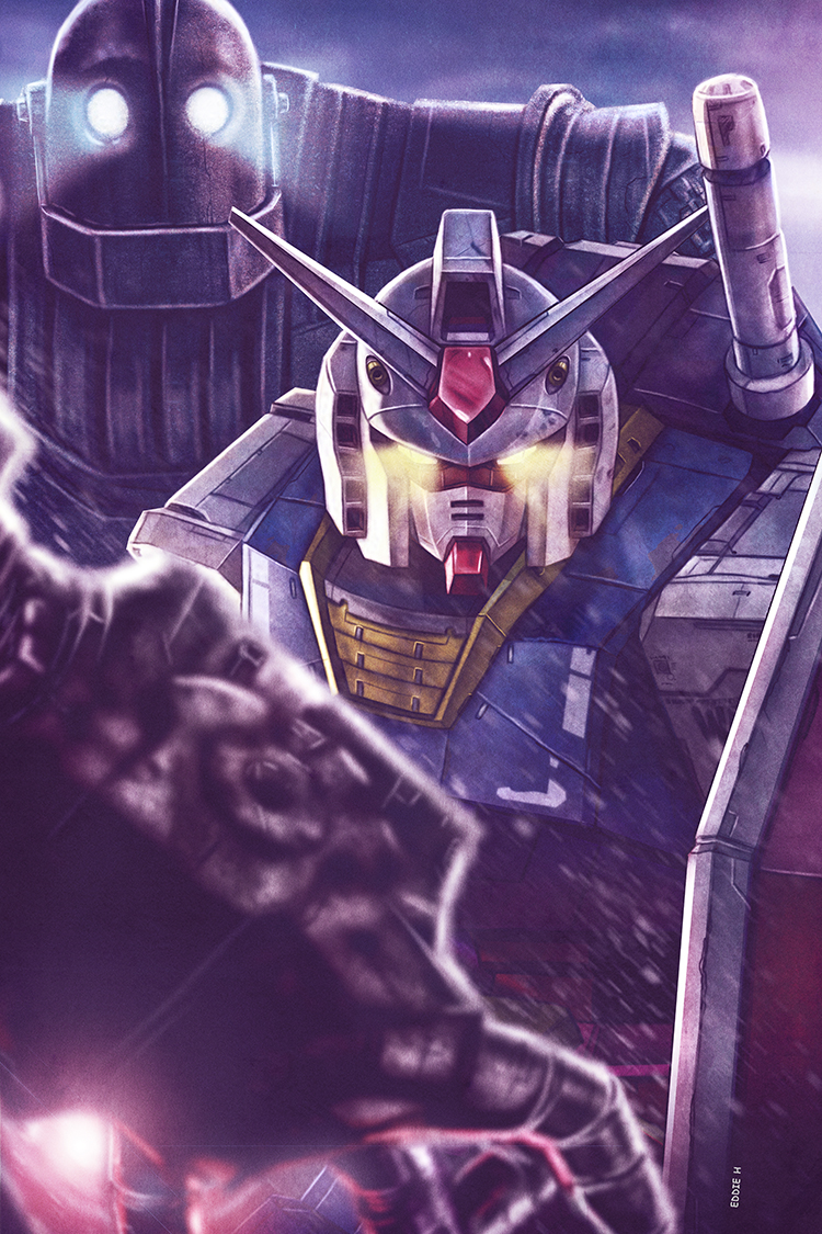 rx-78-2 gundam, mechagodzilla, and iron giant (gundam and 4 more) drawn by eddie_holly