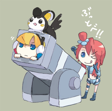 skyla, elesa, and emolga (pokemon and 1 more) drawn by ueshita