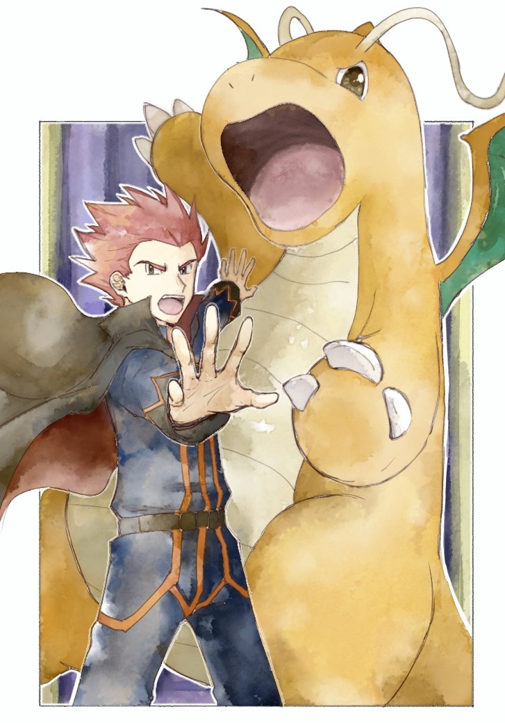 dragonite and lance (pokemon and 1 more) drawn by asuka_rkgk