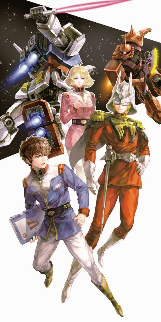char aznable, rx-78-2 gundam, amuro ray, zaku ii, sayla mass, and 1 more (gundam and 1 more) drawn by kim_yura_(goddess_mechanic)