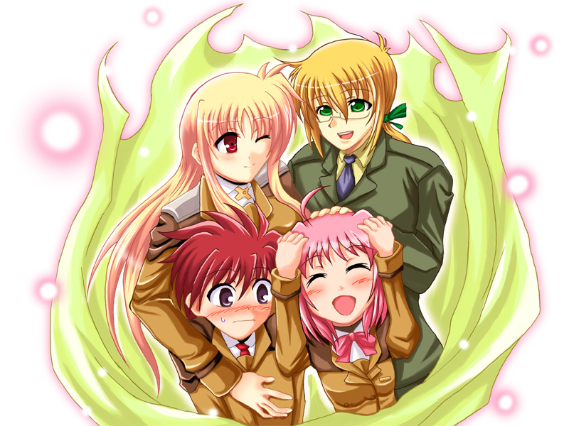 fate testarossa, yuuno scrya, caro ru lushe, and erio mondial (lyrical nanoha and 1 more) drawn by kose