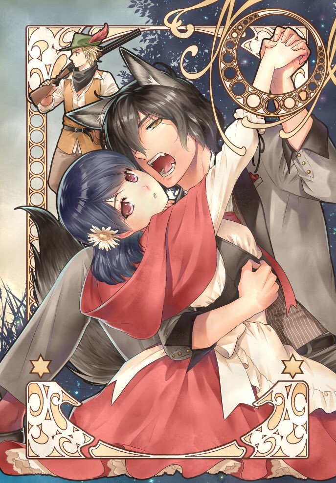 little red riding hood, big bad wolf, tachibana rui, hunter, fujii natsuo, and 1 more (little red riding hood and 1 more) drawn by sasuga_kei