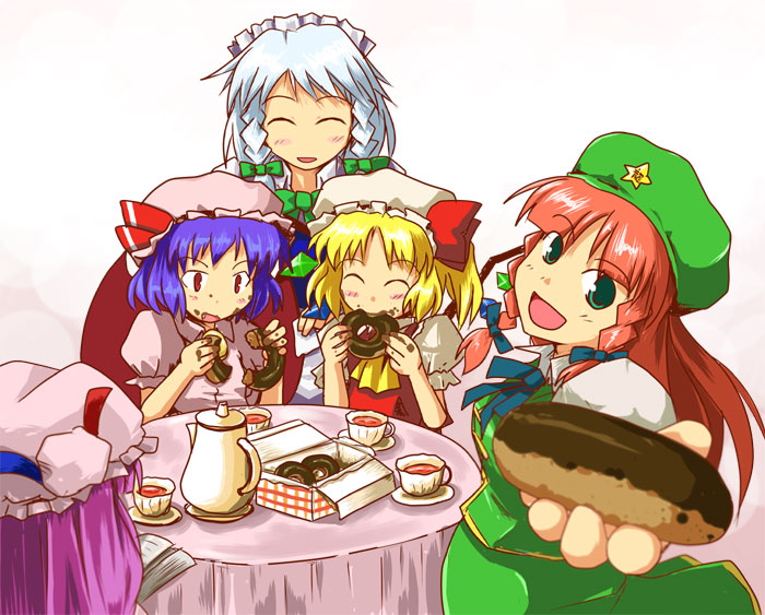 remilia scarlet, flandre scarlet, izayoi sakuya, patchouli knowledge, and hong meiling (touhou) drawn by kanoe_soushi