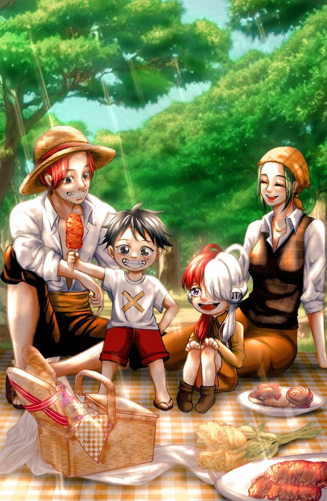 monkey d. luffy, uta, shanks, and makino (one piece and 1 more) drawn by nanapoy