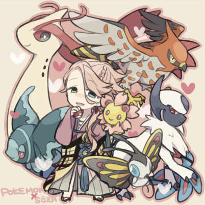 absol, milotic, souza samonji, beautifly, talonflame, and 2 more (pokemon and 1 more) drawn by saku_anna