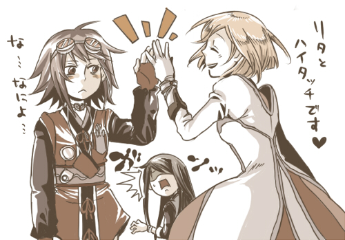 yuri lowell, estellise sidos heurassein, and rita mordio (tales of and 1 more) drawn by shirou_(vista)