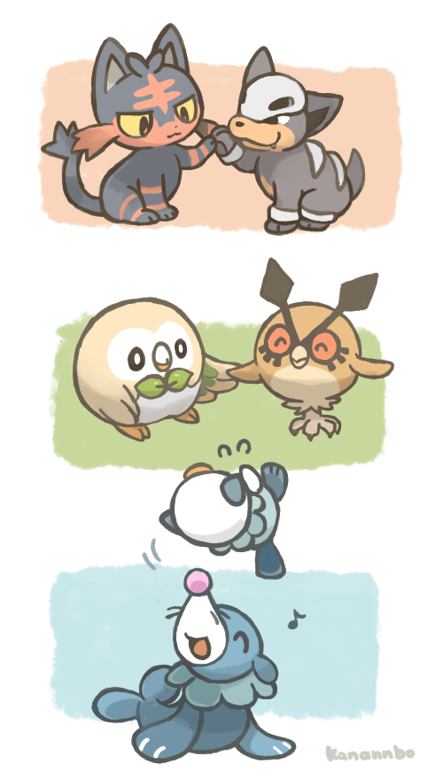 rowlet, oshawott, popplio, litten, hoothoot, and 1 more (pokemon) drawn by konanbo