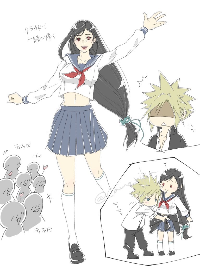 tifa lockhart and cloud strife (final fantasy and 2 more) drawn by camo_niku