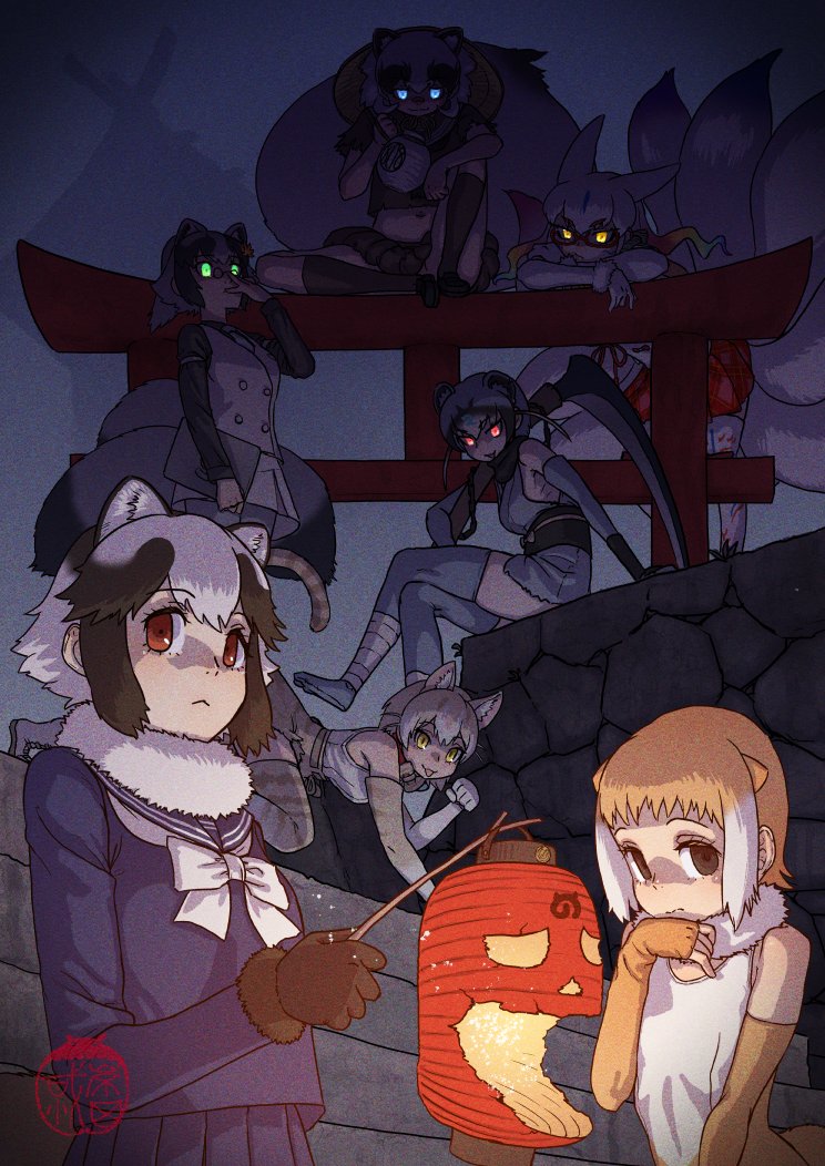 tanuki, japanese otter, cat, kyuubi, inugami gyoubu, and 2 more (kemono friends) drawn by kishida_shiki