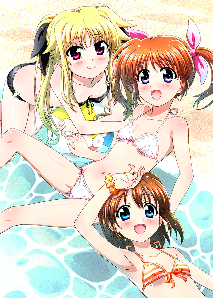 fate testarossa, takamachi nanoha, and yagami hayate (lyrical nanoha and 2 more) drawn by miyajima_hitoshi