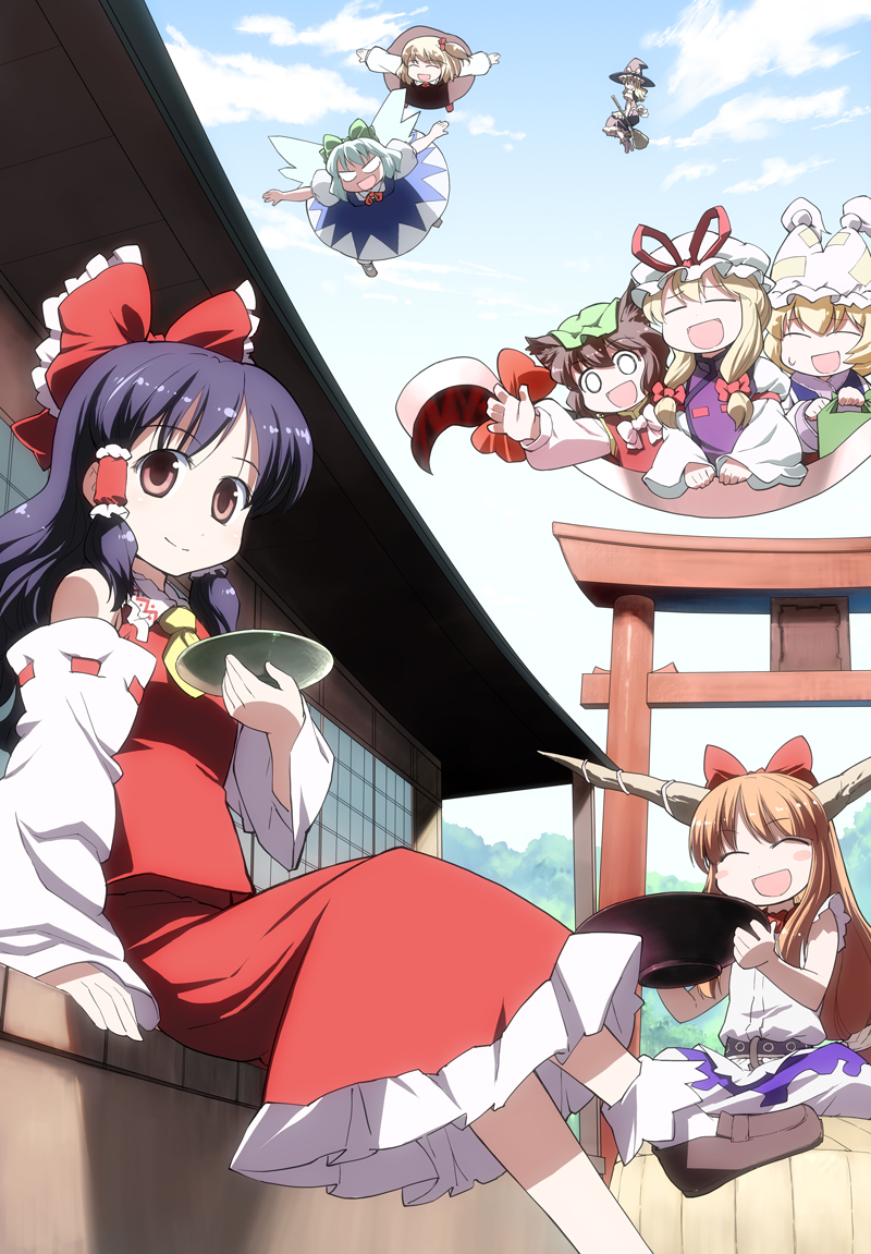 hakurei reimu, kirisame marisa, cirno, yakumo yukari, yakumo ran, and 3 more (touhou) drawn by takahata_yuki