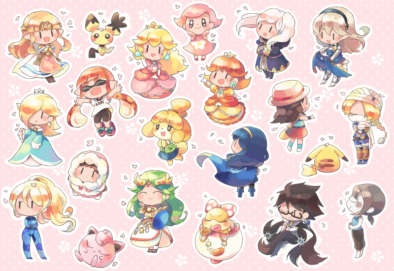 inkling player character, pikachu, inkling girl, princess peach, samus aran, and 17 more (pokemon and 21 more) drawn by hitofutarai