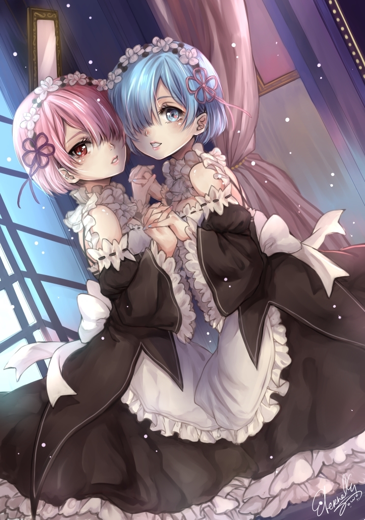 rem and ram (re:zero kara hajimeru isekai seikatsu) drawn by ten-chan_(eternal_s)