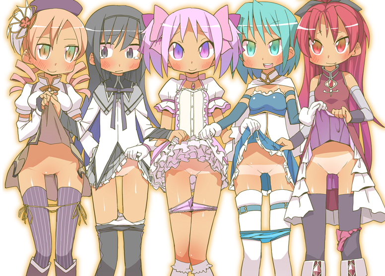 akemi homura, kaname madoka, miki sayaka, sakura kyoko, and tomoe mami (mahou shoujo madoka magica) drawn by tanaka_ahiru