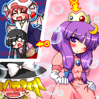 kirisame marisa, patchouli knowledge, houraisan kaguya, koakuma, princess peach, and 1 more (touhou and 2 more) drawn by myonde