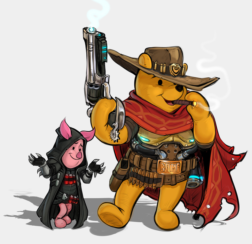 reaper, cassidy, pooh, and piglet (overwatch and 2 more) drawn by shadman