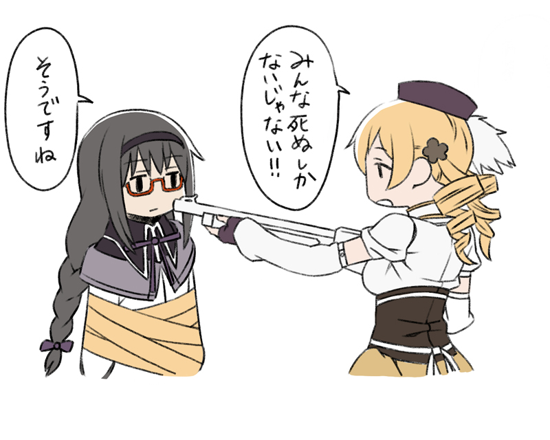 akemi homura and tomoe mami (mahou shoujo madoka magica) drawn by oda_takayuki