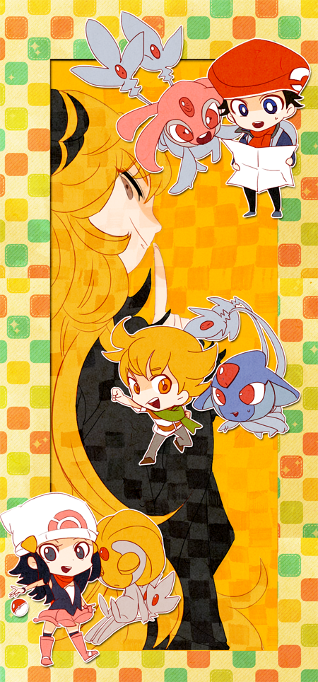 dawn, cynthia, lucas, barry, mesprit, and 2 more (pokemon and 1 more) drawn by senzzang
