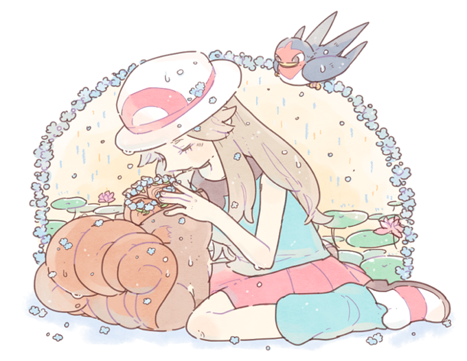 leaf, vulpix, and taillow (pokemon and 1 more) drawn by katiko