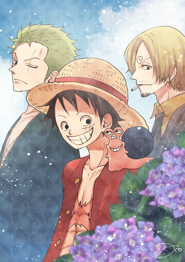 monkey d. luffy, roronoa zoro, sanji, and den den mushi (one piece) drawn by aco_peda