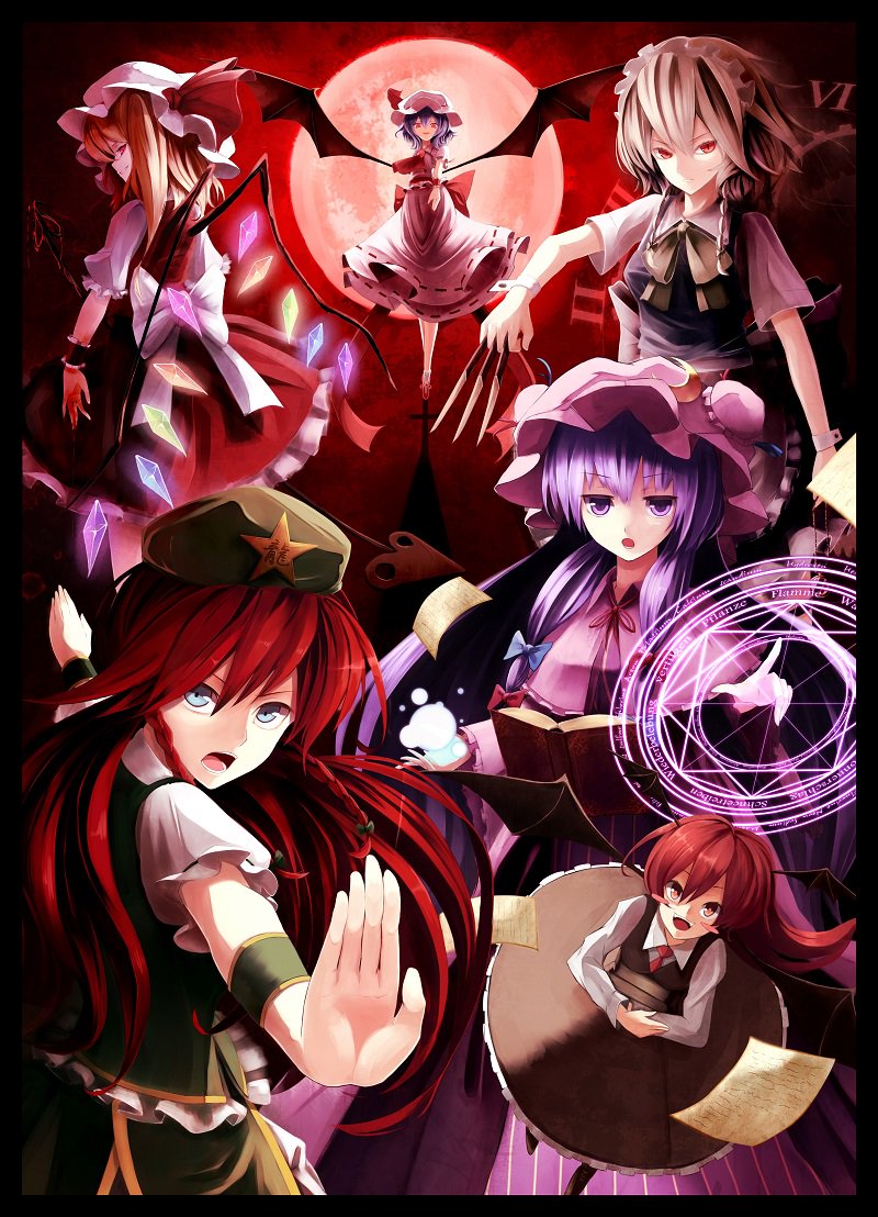 remilia scarlet, flandre scarlet, izayoi sakuya, patchouli knowledge, hong meiling, and 1 more (touhou) drawn by fami_(yellow_skies)