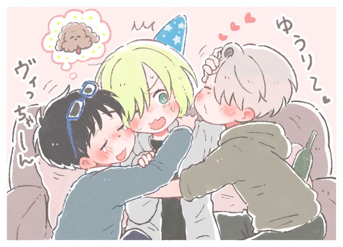 katsuki yuuri, viktor nikiforov, yuri plisetsky, and makkachin (yuri!!! on ice) drawn by sakana_(gyogyo33)