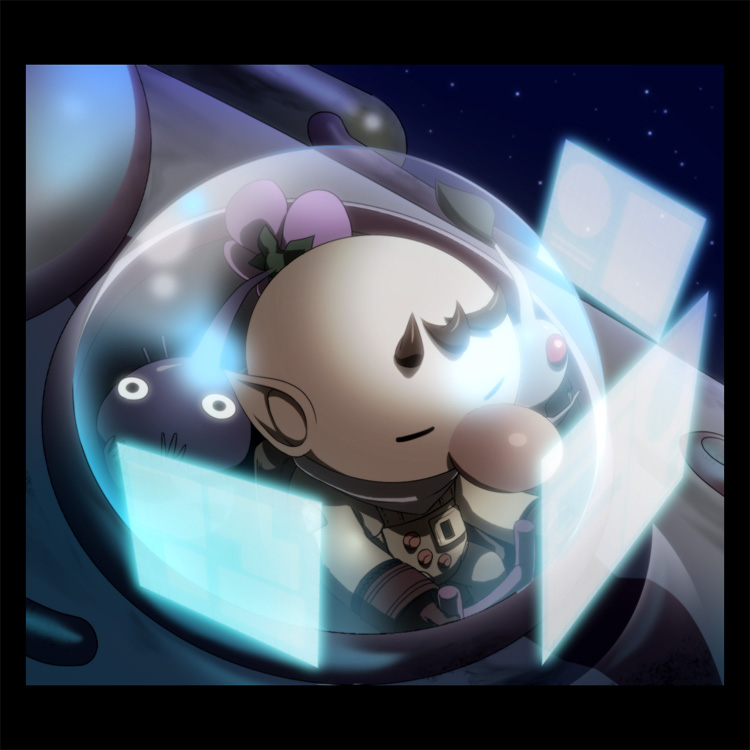 olimar, purple pikmin, white pikmin, and hocotate freight steam ship (pikmin) drawn by naru_(wish_field)