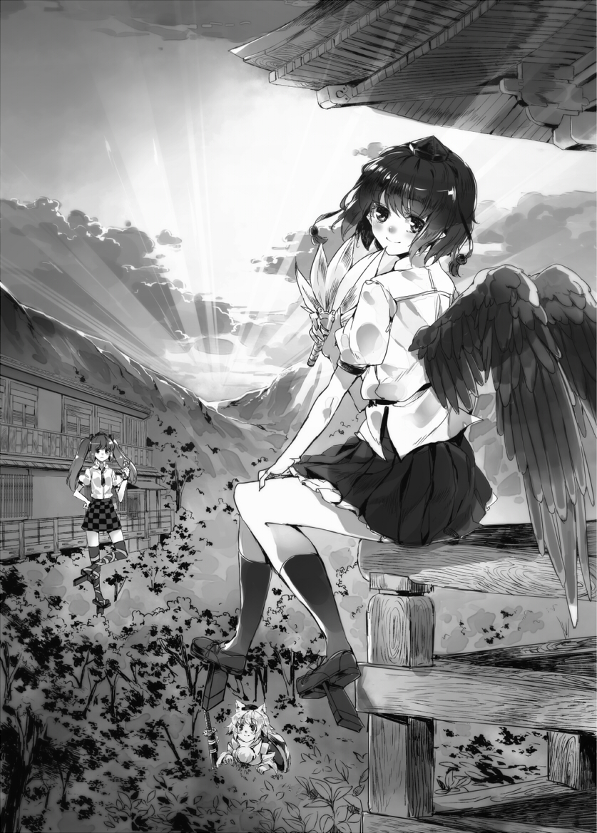 shameimaru aya, inubashiri momiji, and himekaidou hatate (touhou) drawn by ken_(coffee_michikusa)