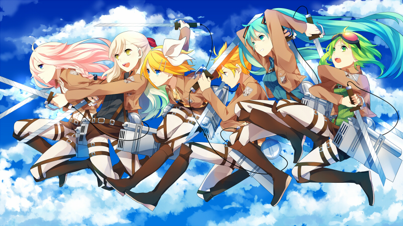 hatsune miku, kagamine rin, kagamine len, gumi, ia, and 1 more (vocaloid and 1 more) drawn by achiki