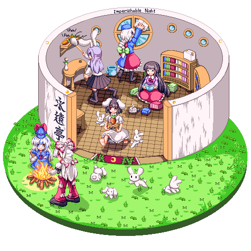 reisen udongein inaba, fujiwara no mokou, kamishirasawa keine, houraisan kaguya, inaba tewi, and 1 more (touhou and 1 more) drawn by kisasage_kouta