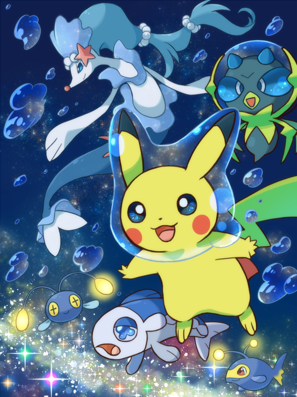 pikachu, primarina, wishiwashi, chinchou, lanturn, and 1 more (pokemon) drawn by sen_pic