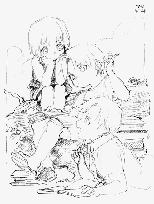 edward elric, alphonse elric, and winry rockbell (fullmetal alchemist) drawn by rei_(sanbonzakura)