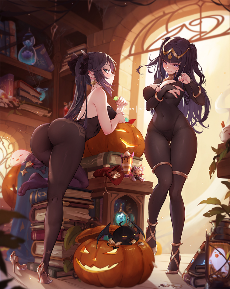 mona, boo tao, and tharja (genshin impact and 2 more) drawn by mitsu_(mitsu_art)