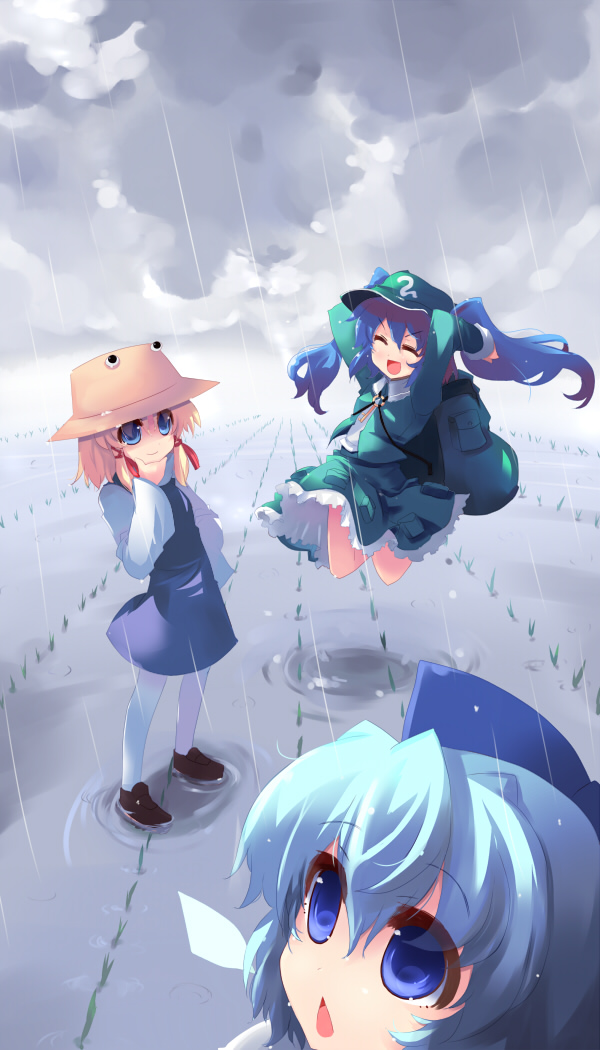 cirno, moriya suwako, and kawashiro nitori (touhou) drawn by shin_(new)