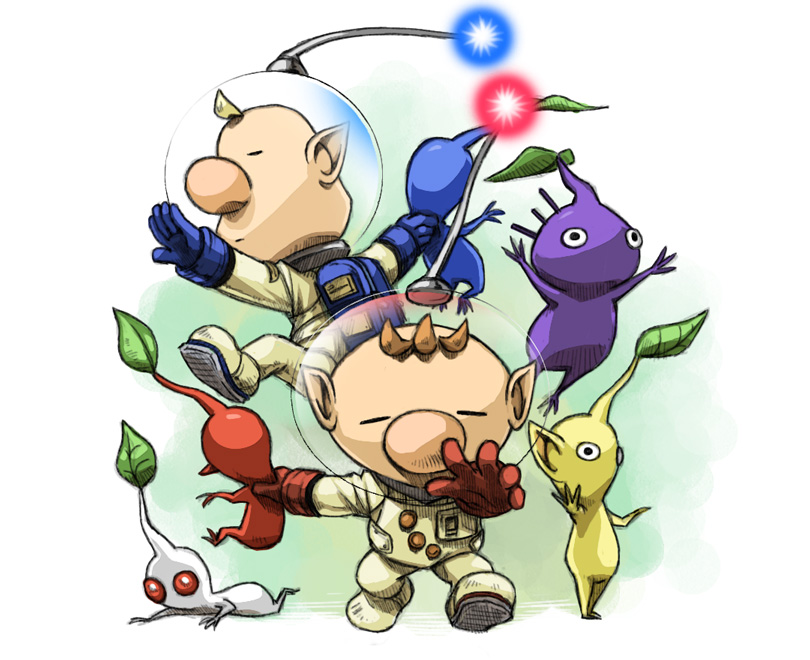 red pikmin, olimar, yellow pikmin, blue pikmin, purple pikmin, and 2 more (pikmin) drawn by naru_(wish_field)