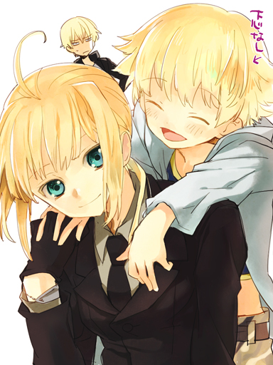 artoria pendragon, saber, gilgamesh, and child gilgamesh (fate and 3 more) drawn by mooche