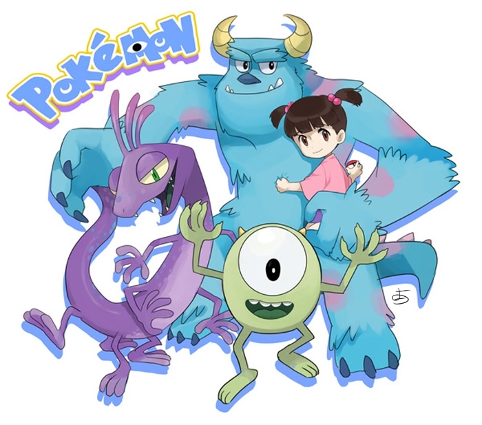 mike wazowski, james p. sullivan, randall boggs, and boo (pokemon and 1 more) drawn by yokotn