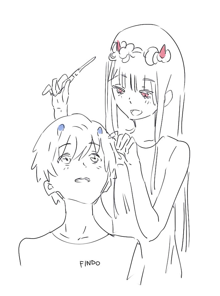 zero two and hiro (darling in the franxx) drawn by findoworld