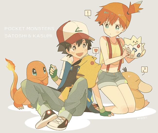 pikachu, ash ketchum, misty, charmander, psyduck, and 1 more (pokemon) drawn by mochi730